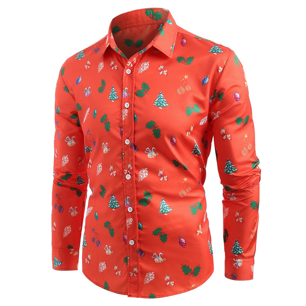 Turn Down Collar Christmas Tree Printed Shirt