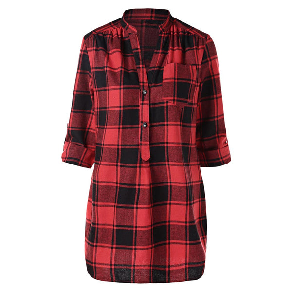 Front Pocket Half Button Tartan Blouse