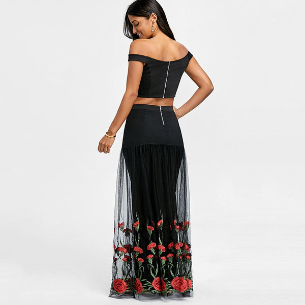 Bardot Floral Embroidery Two Piece Dress