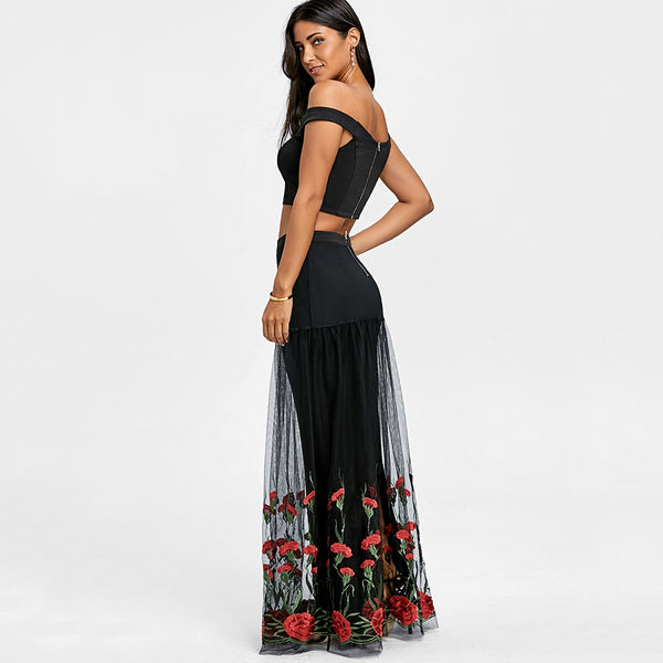 Bardot Floral Embroidery Two Piece Dress