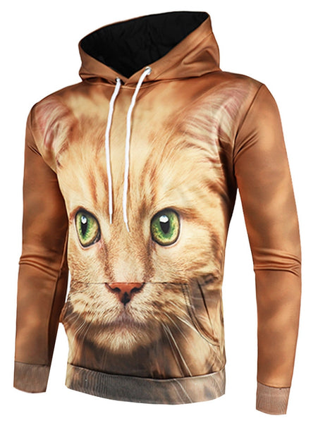 3D Cat Print Pullover Drawstring Hoodie