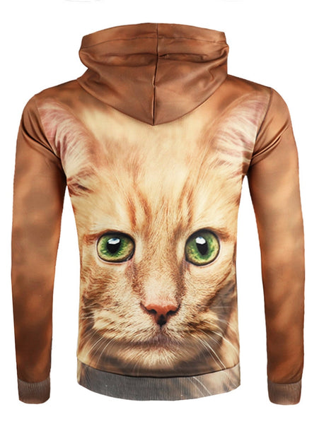3D Cat Print Pullover Drawstring Hoodie