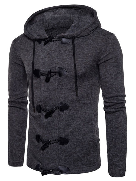 Zipper Solid Toggle Button Hooded Sweater