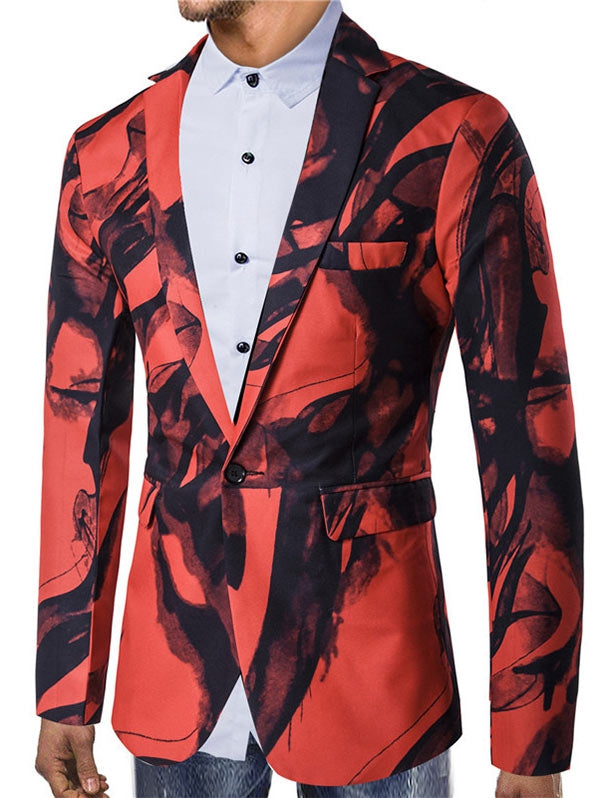 One Button Pocket Chinese Style Ink Painting Print Blazer