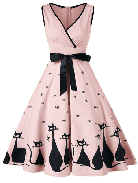 Plunging Neck Cat Pattern Vintage Dress