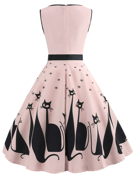Plunging Neck Cat Pattern Vintage Dress