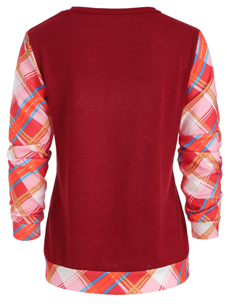 Round Neck Long Sleeve Checked Panel Top