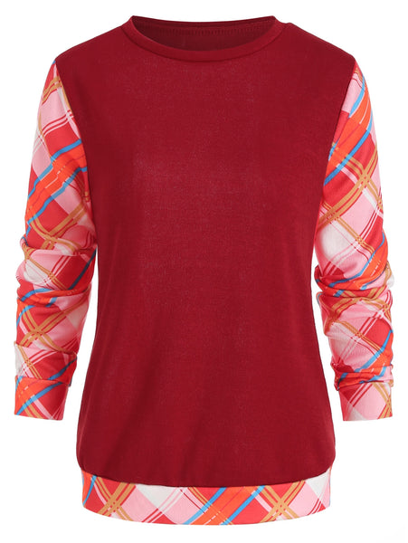 Round Neck Long Sleeve Checked Panel Top