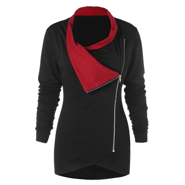 Zipper Embellished Long Sleeve Asymmetrical T-shirt