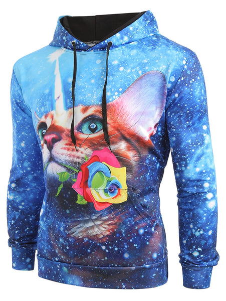 Cat Flower Galaxy Print Kangaroo Pocket Hoodie