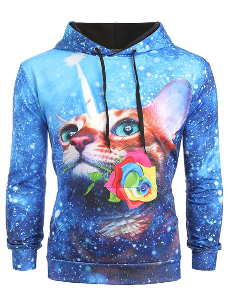 Cat Flower Galaxy Print Kangaroo Pocket Hoodie
