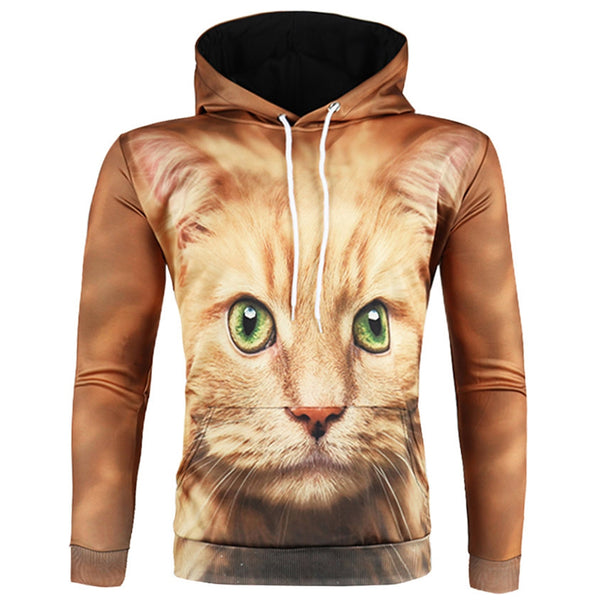 3D Cat Print Pullover Drawstring Hoodie
