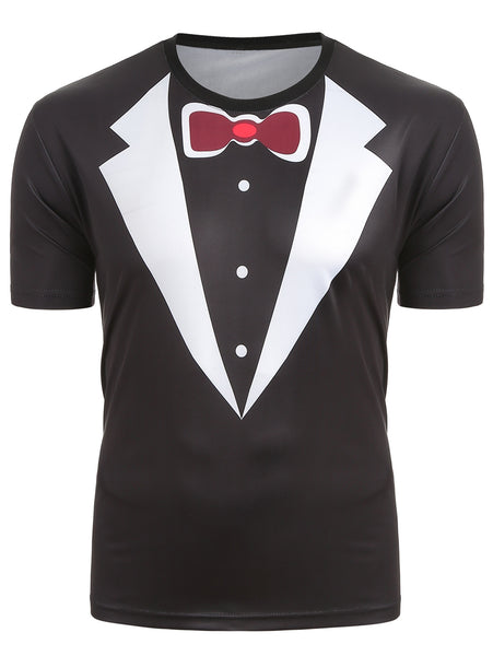 Short Sleeves Faux Collar Print Casual T-shirt