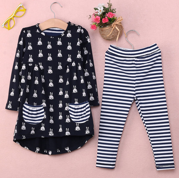 2pcs Children Girls Outfits Dress  striped Cartoon Rabbit Kids Clothes Set
