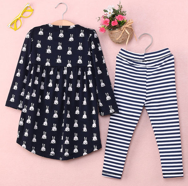 2pcs Children Girls Outfits Dress  striped Cartoon Rabbit Kids Clothes Set