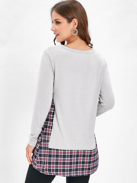 Long Sleeve Checked Panel Top