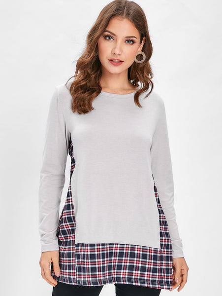 Long Sleeve Checked Panel Top