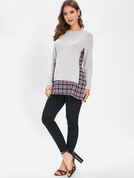 Long Sleeve Checked Panel Top