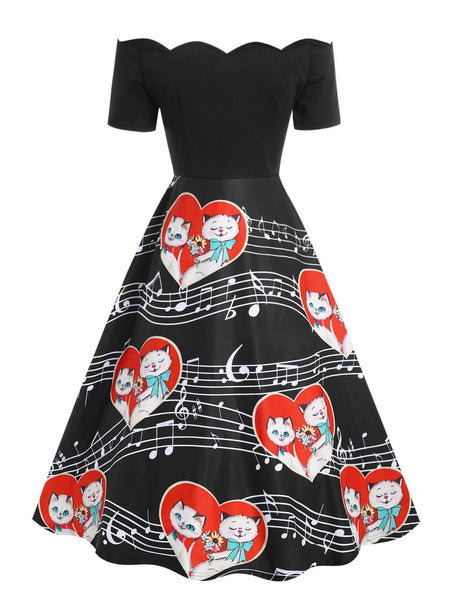 Valentines Day Cats Couple Print Off The Shoulder Dress