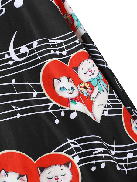 Valentines Day Cats Couple Print Off The Shoulder Dress