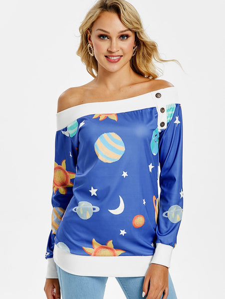 Skew Neck Sun and Moon Print Sweatshirt