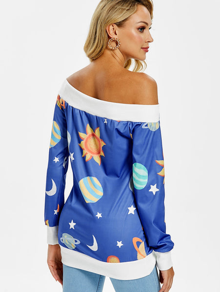 Skew Neck Sun and Moon Print Sweatshirt
