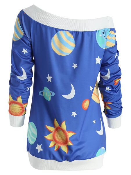 Skew Neck Sun and Moon Print Sweatshirt