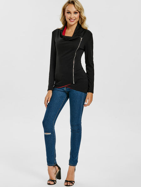 Zipper Embellished Long Sleeve Asymmetrical T-shirt