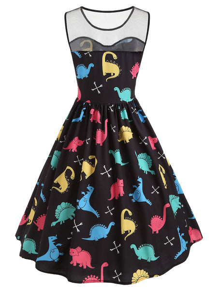 Mesh Insert Cartoon Dinosaur Print Vintage Dress