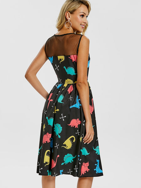 Mesh Insert Cartoon Dinosaur Print Vintage Dress