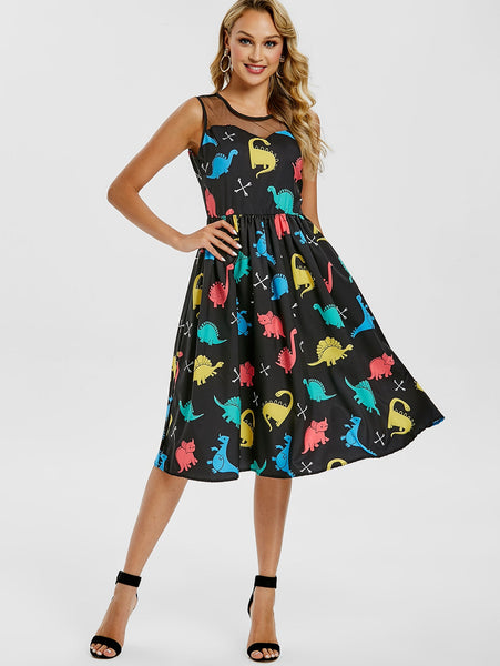 Mesh Insert Cartoon Dinosaur Print Vintage Dress