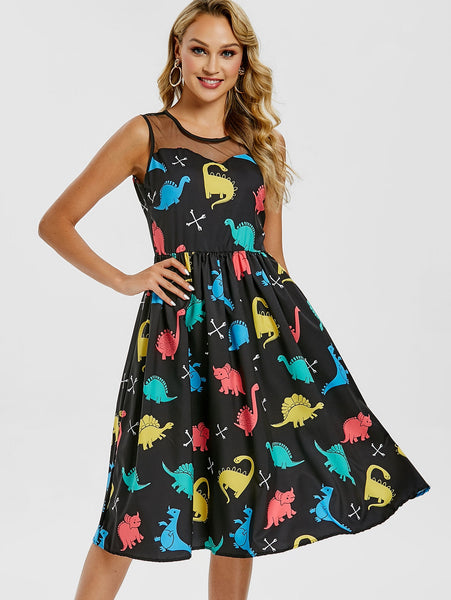 Mesh Insert Cartoon Dinosaur Print Vintage Dress