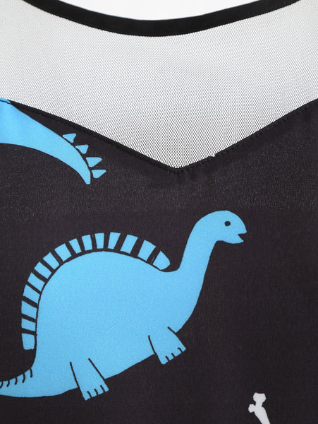 Mesh Insert Cartoon Dinosaur Print Vintage Dress