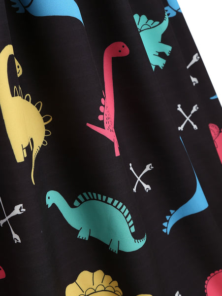 Mesh Insert Cartoon Dinosaur Print Vintage Dress