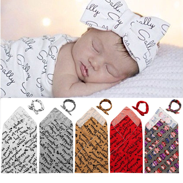 Newbored Baby boy girls print wrapping blanket With headscarf