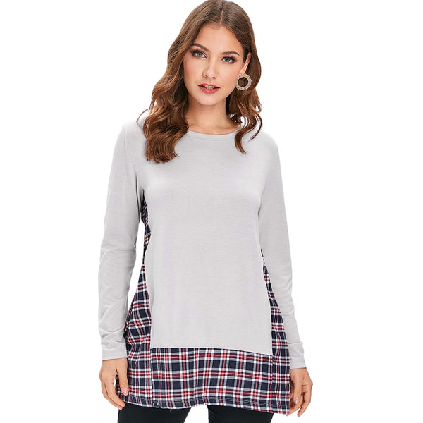 Long Sleeve Checked Panel Top