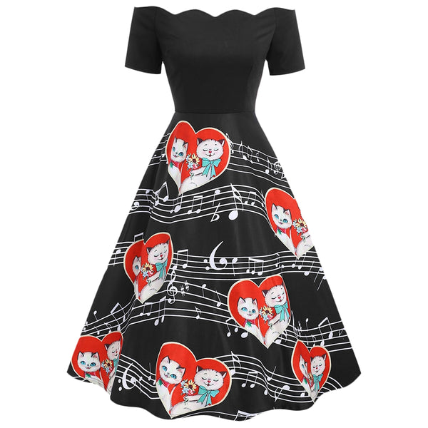 Valentines Day Cats Couple Print Off The Shoulder Dress