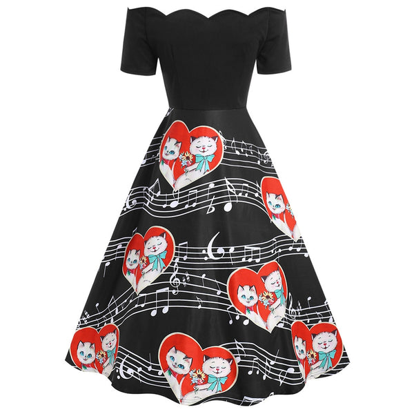 Valentines Day Cats Couple Print Off The Shoulder Dress