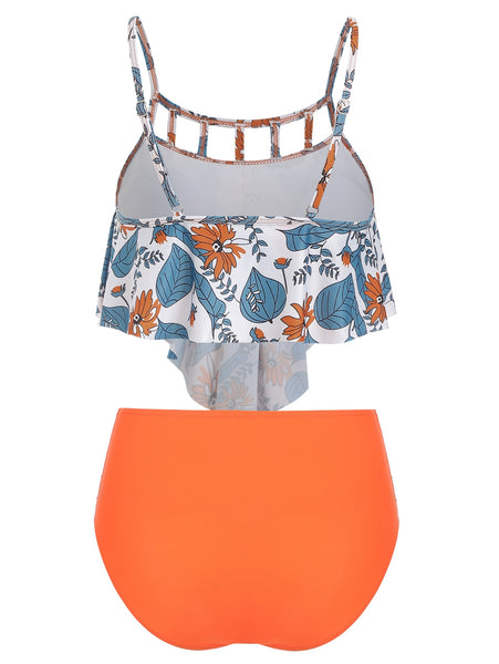 Floral Print Cut Out Overlay Tankini Set Fashionable Design