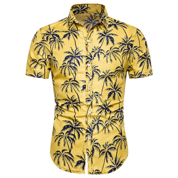 Turn-down Collar Coconut Tree Print Men Shirt