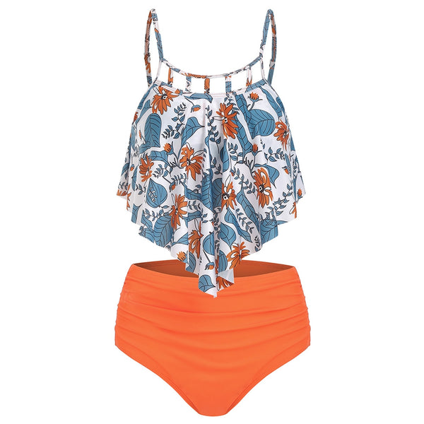 Floral Print Cut Out Overlay Tankini Set Fashionable Design