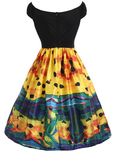 Abstract Print Knee Length Flare Dress