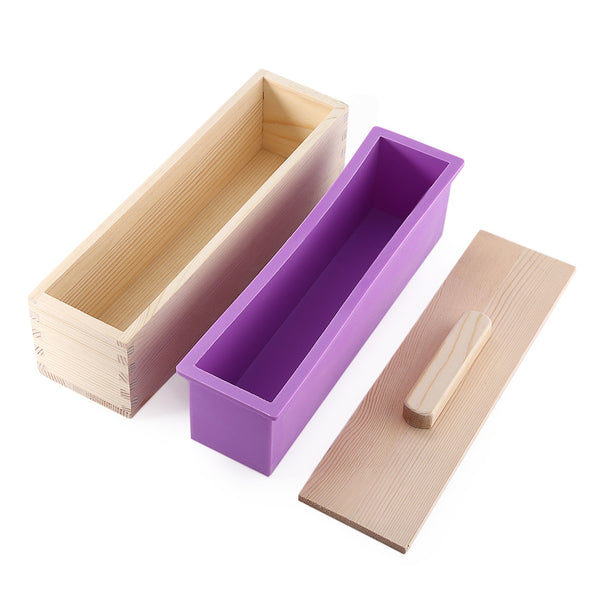 Rectangular Solid DIY Handmade Silicone Soap Mold Wooden Box with Cover Purple