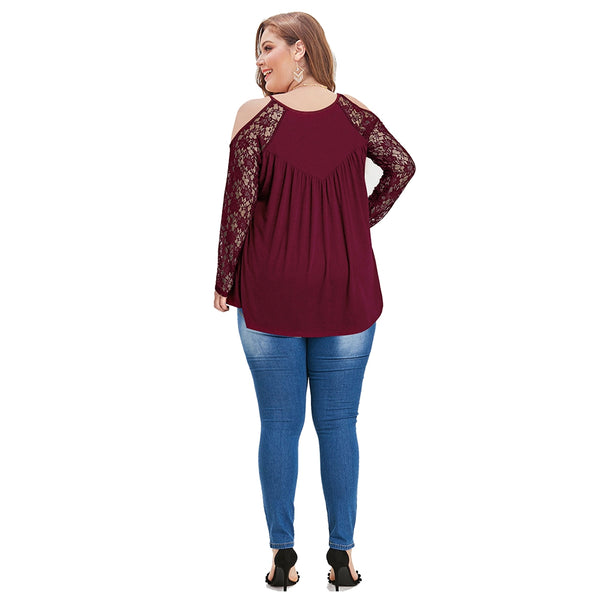 Plus Size Lace Trim Cold Shoulder Tops