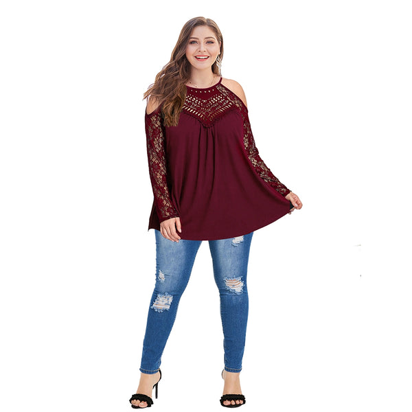 Plus Size Lace Trim Cold Shoulder Tops