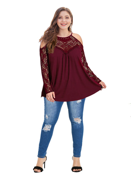 Plus Size Lace Trim Cold Shoulder Tops
