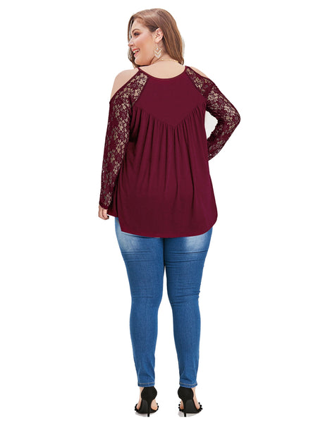 Plus Size Lace Trim Cold Shoulder Tops