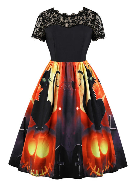 Lace Panel Pumpkin Print Round Neck Halloween Dress