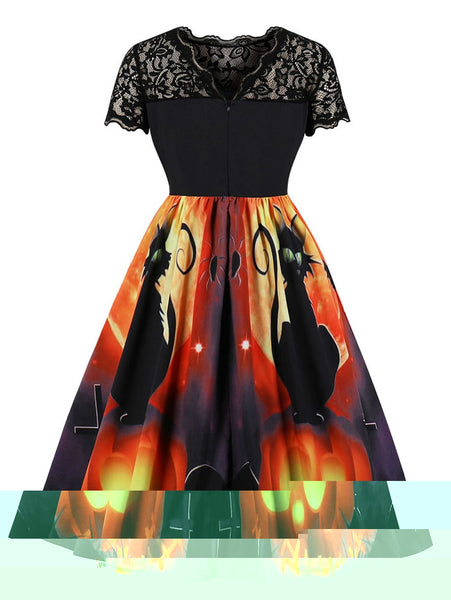 Lace Panel Pumpkin Print Round Neck Halloween Dress