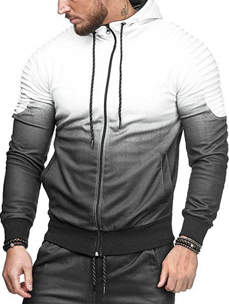 Sports Full Zipper Gradient Print Shoulder Pleated Hoodie